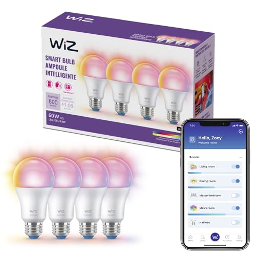 WiZ Paquete de 4 Focos Inteligentes LED A19 con Luz Multicolor 8.8W Compatible con Alexa y WiFi