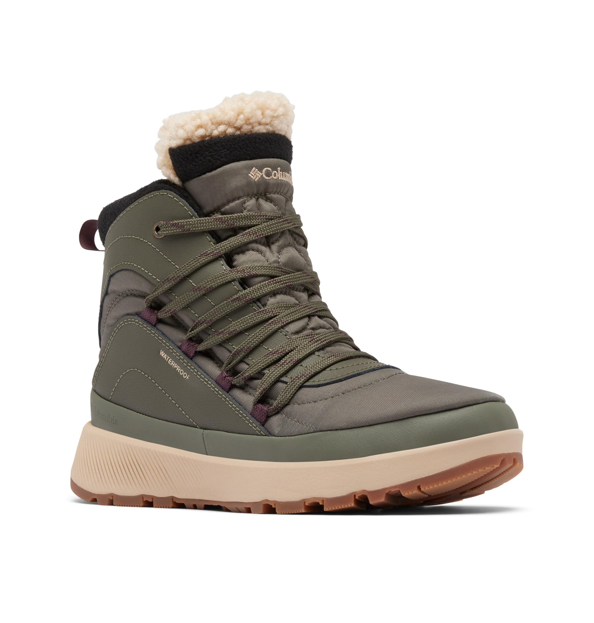 Columbia Red Hill winter boot in olive green with beige sole on neutral background