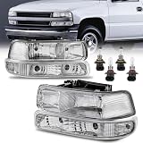 KUIPERAUTO Headlight Assembly Front Lamp Compatible with 1999-2002 Chevrolet Silverado 1500 2500 2000-2006 Suburban 1500 2500 Tahoe Chrome Housing/Clear lens/Clear Corner w/Bulb