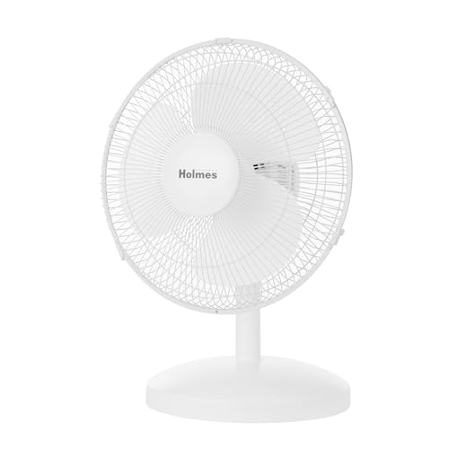 HOLMES - Ventilador de mesa de 12 pulgadas, oscilación de 75°, 3 velocidades, inclinación de cabeza ajustable de 15°, ideal para el hogar, recámara u oficina, color blanco