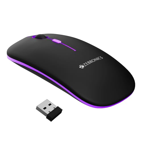 ZEBRONICS Blanc Slim Wireless Mouse with Rechargeable Battery, BT + 2.4GHz, 4 Buttons, 800/1200/1600 DPI, Silent Operation, Multicolor LED Lights