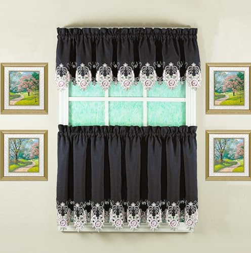 Today's Curtain Verona Reverse Embroidery Tier, 30", Black/Rose, 60" W X 30" L