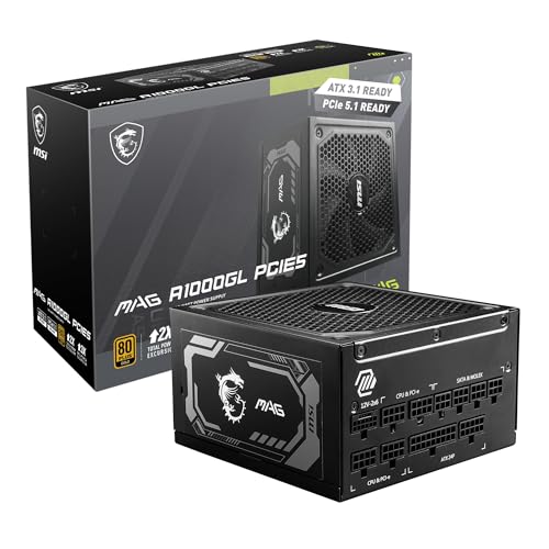 msi MAG A1000GL PCIE5, Fully Modular Compact Gaming 1000W Power Supply, 80+ Gold, ATX 3.1 & PCIe 5.1 Ready, Native Dual-Color 12V-2x6 Cable, 10 Year Warranty