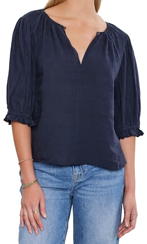 Velvet by Graham and Spencer Women's Celine Woven Linen Top, Shadow, XS