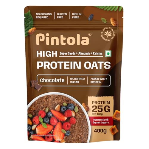 PINTOLA 25g High Protein Oats 400g, Dark Chocolate,No Refined Sugar, with Almonds Raisin, Pumpkin and Chia Seeds