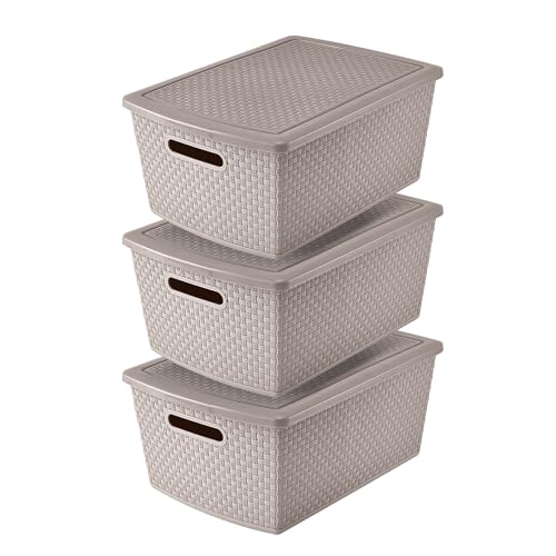 Guateplast - Set de 3 Cestas de Almacenamiento Plásticas de 22 Litros | Contenedores Plásticos para Organizar el Hogar | Organizadores | Cajas de Plástico | Cajas de almacenamiento | Color Beige