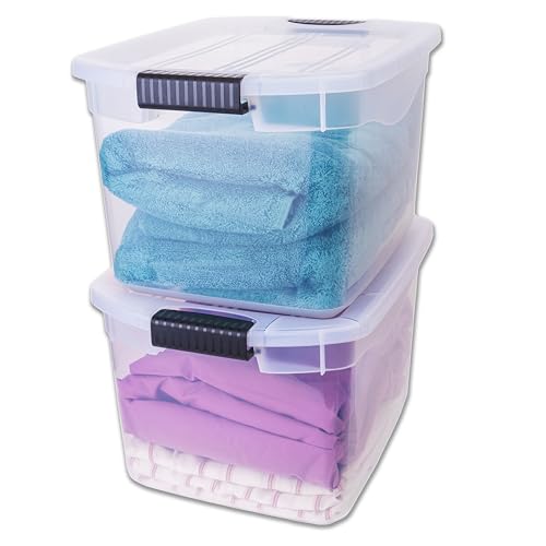 JOY - Caja de Almacenamiento Apilable, Pack de 2, para Organizador Armario, Juguetes, Ropa, con Broche y Tapa Duradera, 29 Litros de Capacidad, Plástico Libre de BPA, Transparente