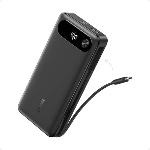 Anker Power Bank 20,000mAh, batería portátil para Viajes con Cable USB-C Integrado, Carga rápida 87W con 3 Puertos, Compatible con MacBook, iPhone 16/15, Samsung, Switch y más