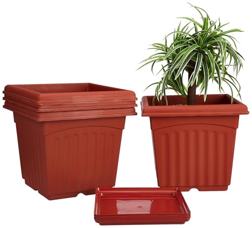 Amazon Brand - Solimo Square Pots for Plants with Bottom Tray|Unique Design|UV Treated Plastic|Indoor and Outdoor Flower...