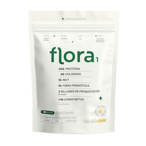 FLORA 01 | Flora 1 | Proteína con Colágeno, MCT y Probióticos | Suplemento Alimenticio Natural | Apoya la Nutrición y Digestión | Sabor Vainilla | 30 servicios.