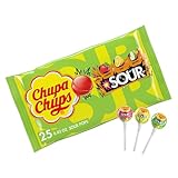 Chupa Chups SOUR Lollipops, Variety Pack, Lemon, Strawbery & Apple Flavored, Individually Wrapped Bulk Sour Candy Suckers for Adults & Kids, Bag of 25