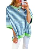 SHEWIN Womens Spring Tops Casual Crewneck Short Sleeve Shirts Oversized Sweatshirt Lightweight Knit Tunic Top Loose T Shirts for Women 2026 Summer Clothes Sky Blue Stripe M