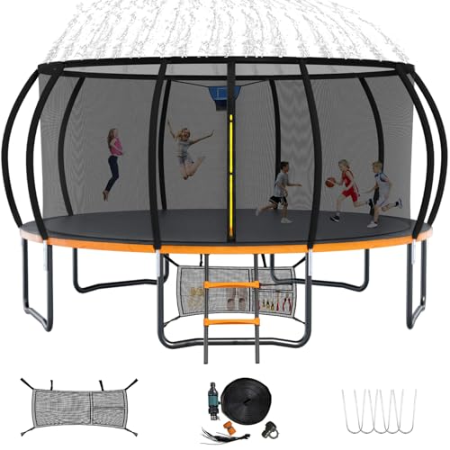 Liyarya - Cama elástica para exteriores, 12 pies, 14 pies, 16 pies, 16 pies, cama elástica redonda recreativa para niños/adultos con aspersor de aro de baloncesto para patio trasero, aprobado por ASTM