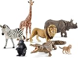 Schleich Wild Life - 7PC Savannah Animal Toy Bundle - Safari Toy Set with Rhino, Crocodile, Cheetah Cub, Monkey, Elephant, Zebra, Giraffe, Lion Figurines - Educational Play for Kids 3+ | 77587