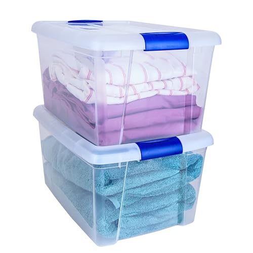 JOY - Caja de Almacenamiento Apilable, Pack de 2, para Organizador Armario, Juguetes, Ropa, con Broche y Tapa Duradera, 24 Litros de Capacidad, Plástico Libre de BPA, Transparente