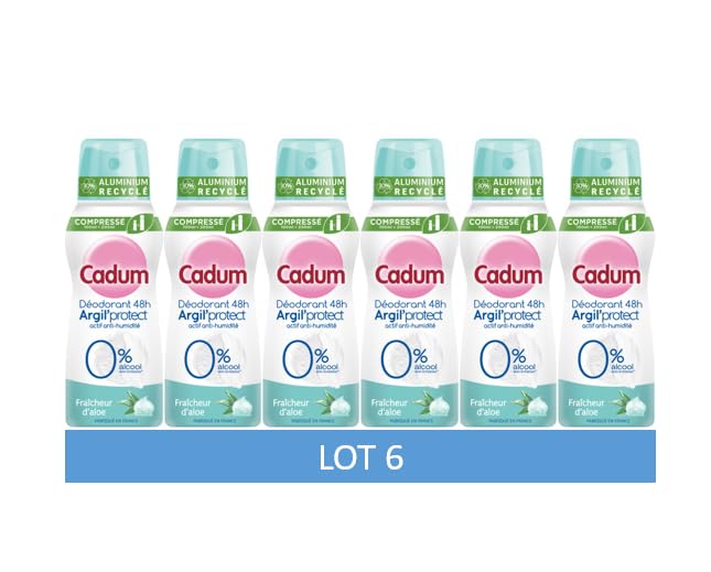 Cadum Déodorant 48h Argil'Protect Fraîcheur d'Aloé, Lot de 6 x 100 ml
