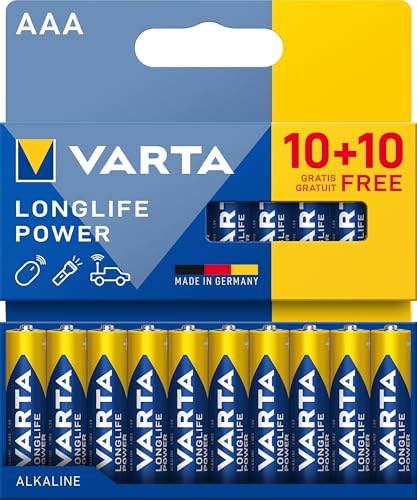 VARTA Longlife Power - Pilas alcalinas AAA (20 Unidades, 1,5 V, Ideal para cámar