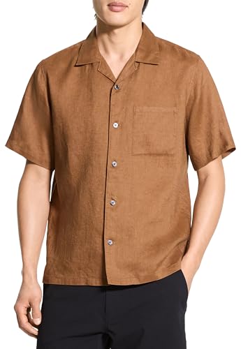 Theory Men's Noll Short Sleeve Camp Collar in Relaxed Linen, Deep Tobacco, S