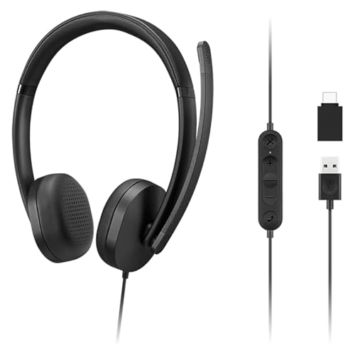 Lenovo 115 - Auriculares estéreo con Cable USB-A/USB-C, Ligeros, con cancelación de Ruido, Caja de Control en línea, Adaptador USB-A a USB-C, diseño de sobreoreja, Auriculares con micrófono para PC y
