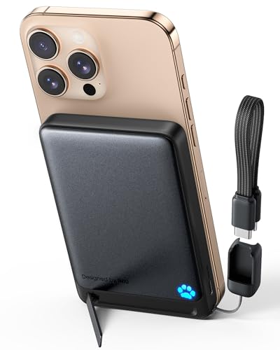 INIU for MagSafe Más Delgado 10000mAh Power Bank, Original Certificado Qi2 Inalámbrico Bateria Portátil 45W Carga Rápida, Pila Portatil con Cable USB C&Soporte, Batería Externa para iPhone 17-12 Only