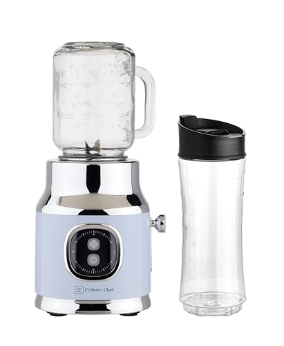 CULINARY CHEF - Licuadora personal retro con tarro de masón, perfecta para batidos y batidos, encimera, apto para lavaplatos, sin BPA, alta potencia, 300 W, azul