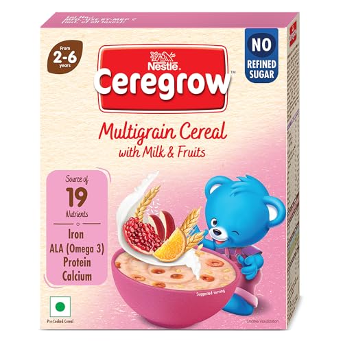 CEREGROW Multigrain Cereal with Milk & Fruits, NO Refined Sugar, from 2-6 Years, with Iron, Protein, Calcium