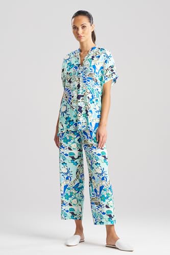 N Natori Women's Fusion Fans-Challis Short Sleeve PJ Length 27" Inseam 26", Blue
