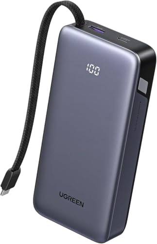 UGREEN 20000mAh 45W Power Bank con USB-C Cable Integrado, PD 3.0 y PPS 2 puertos Cargador Pila Portátil Carga Rápida, Pantalla LED Compatible con Galaxy S25 S24 Ultra/Tab, iPhone 17/16/15/14, iPad Pro
