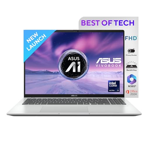 ASUS Vivobook 16, Smartchoice, Intel Core Ultra 5 Series 2, 16GB RAM, 512GB SSD, FHD+ 16", Windows 11, Office Home 2024, Silver, 1.88kg, X1607CA-MB142WS, Intel iGPU, M365 Basic (1Year)* Lapto