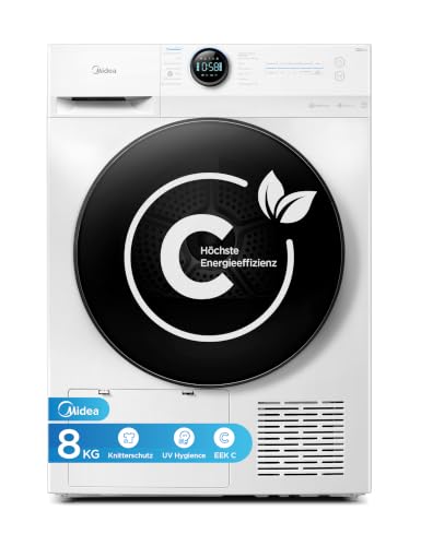 Midea MD20EH80WB-A3 Wärmepumpentrockner, 8 kg, Energieklasse C, UV Hygience, Knitterschutz, Sanfte Pflege, Auto Dry, Wollpflege, Auffrischen, Fernsteuerung, Startzeitvorwahl, Weiß [Energieklasse C]