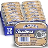 Brunswick Wild Caught Sardines in Soybean Oil, 3.75 oz Can (Pack of 12) - 14g Protein per Serving - Gluten Free, Keto Friendly, Kosher