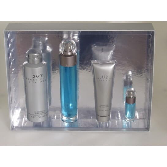 Perry Ellis Set de regalo de 4 piezas para hombre de 360° - Eau de Toilette de 3.4 onzas líquidas, gel de ducha de 3 onzas, spray corporal de 6 onzas, spray de viaje EDT de 0.25 onzas líquidas