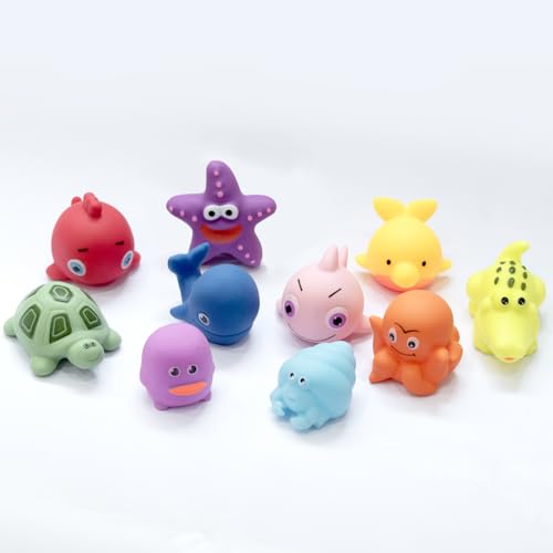 Amazon Brand - Jam & Honey Baby Bath Toy Set of 10 for Toddlers I Colorful Combo of Sea Creatures I Floating Bath Chuchu...