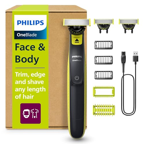 PHILIPS OneBlade 360 Face & Body - elektrischer Rasierer, Trimmer & Bodygroomer, 3x 360 Klingen, 3x Trimmaufsätze (1/3/5 mm), 2x Körperaufsätze, Nass- & Trockenrasur für Gesicht & Körper (QP2824/31)
