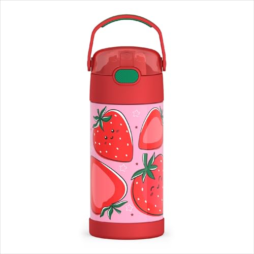 THERMOS FUNTAINER - Botella de agua con pajita - 12 onzas - Botella de agua aislada al aspiradora para niños con tapa, sonrisas de fresa