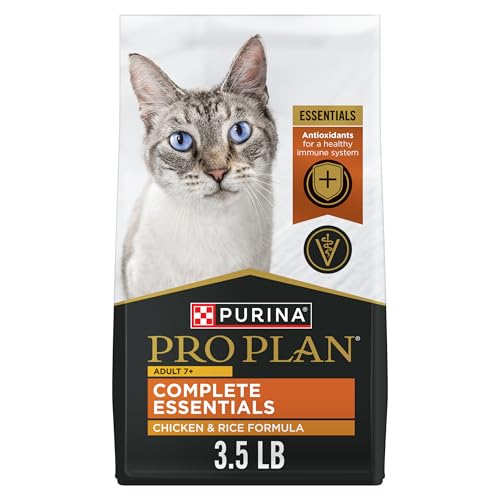 Purina Pro Plan Senior 7+ Complete Essentials dry cat food bag, chicken and rice recipe