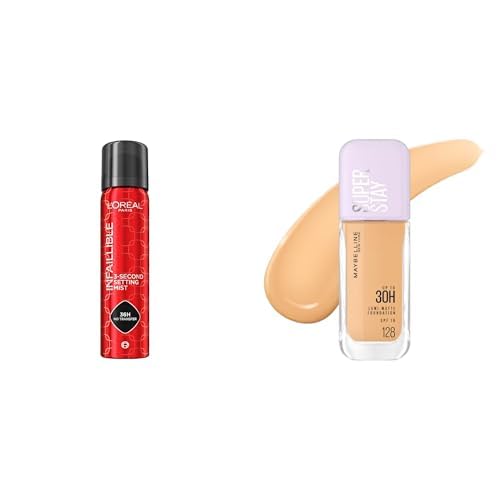 LOreal Paris. fijador de maquillaje larga duracion hasta por 24 horas Infallible 3second setting spray 75ml + Maybelline Base de maquillaje liquida Superstay Lumi Matte Tono 128 40ml Efecto