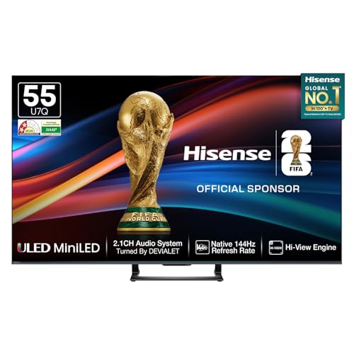 Hisense 139 cm (55 Inches) 4K QLED Mini LED Smart TV | 900 NITS Peak Brightness | 144Hz Game Mode | Dolby Vision IQ & Dolby Atmos | 2.1 CH 40W Speakers (Built-in Subwoofer) | VIDAA OS | 55U7Q