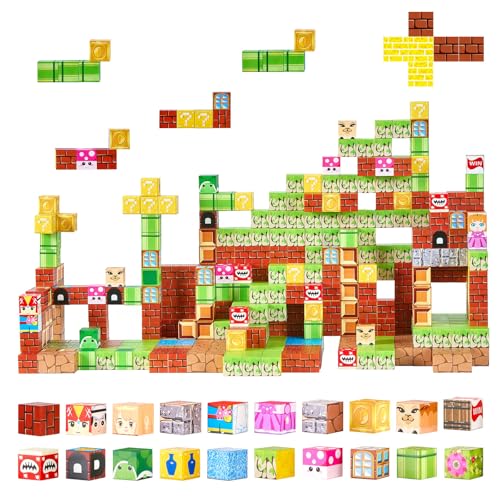 VEVOR Bloques Magnéticos, Juego de 100 Piezas de Escena de Mario Cubos de Construcción Magnéticos, Juguetes Sensoriales Stem Montessori de Construcción Apilable para Niños de 3 Años o Más