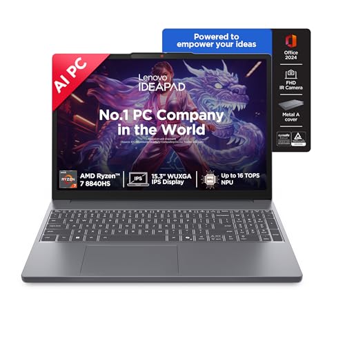 Lenovo IdeaPad Slim 3 AMD Ryzen 7 8840HS 15.3 inch (38.8cm) WUXGA IPS AI PC Laptop(16GB RAM/512GB SSD/Windows 11/Office Home 2024/Backlit Keyboard/1Yr ADP Free/Grey/1.6Kg), 83KA0048IN 