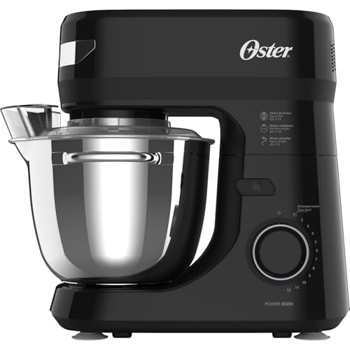 Oster Batidora Planetaria, 12 velocidades, Tazón de Acero Inoxidable, Capacidad de 4 lt, Incluye 4 Accesorios, 850 W, Negro, FPSTSMPL2B