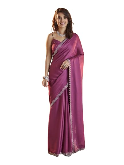Kasee Women Magenta Silk Blend Saree with Geometric Stone Embellished Border