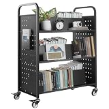 VEVOR Rolling Library Book Cart, 330 lbs Capacity, 38.2 x 20.3 x 48.2-Inch Library Cart, Double Sided W-Shaped Shelves with 3-Inch Lockable Wheels, Book Truck for Home Shelves Office and School, Black