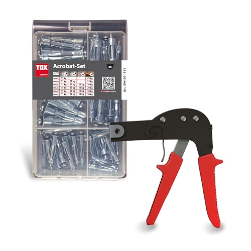 TOX Dübelsortiment Acrobat Set (60-tlg.) + Montagezange Acrobat Speed Plus für alle Größen, Metall-Hohlraumdübel Acrobat in 6 Größen mit Schraube + Zange, für Gipskartonplatten, 094909140