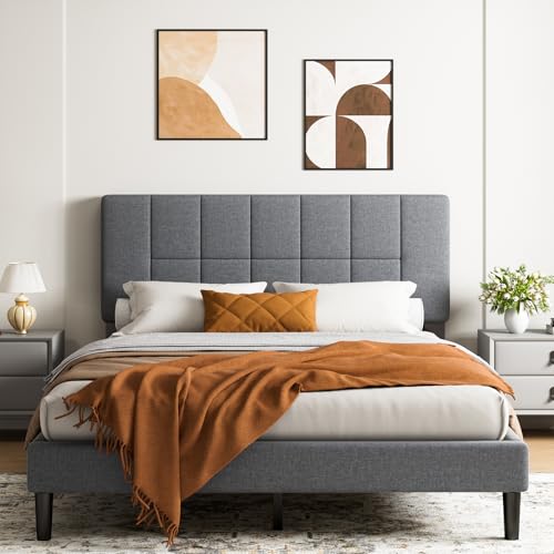 Marsail Queen Size Bed Frame, Sturdy and Durable with 12 Support Legs, 1300 lbs Capacity, Solid Wooden Upholstered Adjustable Headboard for 6-12 Mattresses, Easy Assembly, Ideal Height, Dark Gray