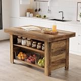 LITTLE TREE 55 Inches Kitchen Island with Storage, 3-Tier Farmhouse Wooden Stationary Island Table with Large Worktop & Leg Room, Modern Coffee Bar Table with Storage Shelf for Kitchen, Rustic Brown