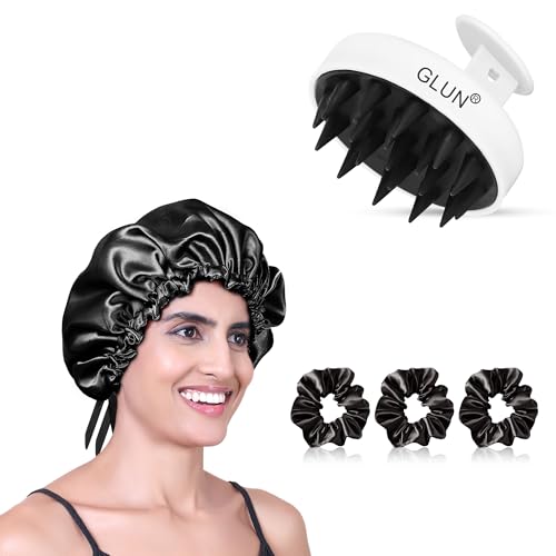GLUN® Anti-Dandruff Round White Scalp Massager with Zed Black Bonnet Cap with 3 Multicolour Satin Scrunchies Combo