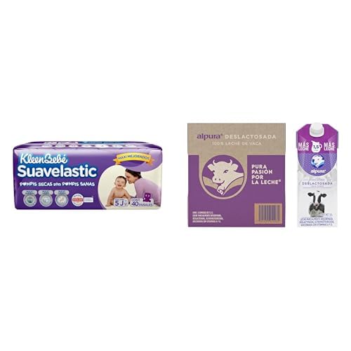 KleenBebé Suavelastic Pañales, Talla Jumbo Unisex, Paquete con 40 Piezas, Ideal para Bebés de 11 a 14.5 kg + Alpura Leche Deslactosada Ultrapasteurizada, Paquete de 6 piezas de 1.5 Litros C/U