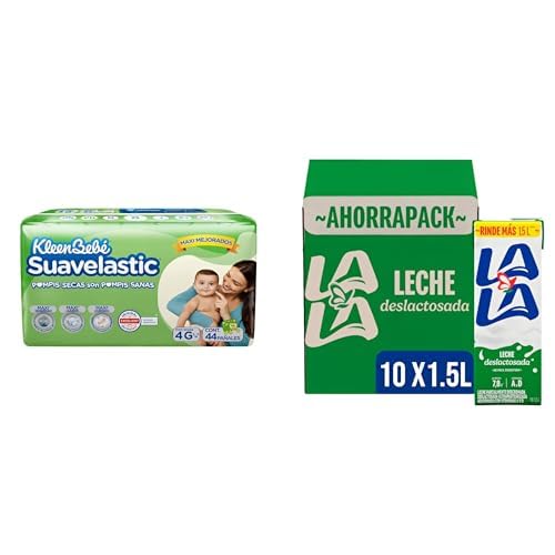KleenBebé Suavelastic Pañales ET 4 KleenBebé, Grande Unisex, con 44 Piezas, para Bebés de 9 a 12 kg + Lala Leche Deslactosada Con Vitaminas A y D - 1 Pack x 10 Piezas de 1.5 Litros c/u,