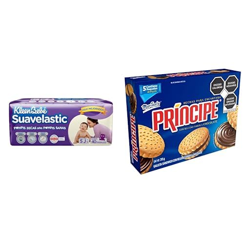 KleenBebé Suavelastic Pañales, Talla Jumbo Unisex, Paquete con 40 Piezas, Ideal para Bebés de 11 a 14.5 kg + Marinela Galletas Príncipe, 5 paquetes, 315g